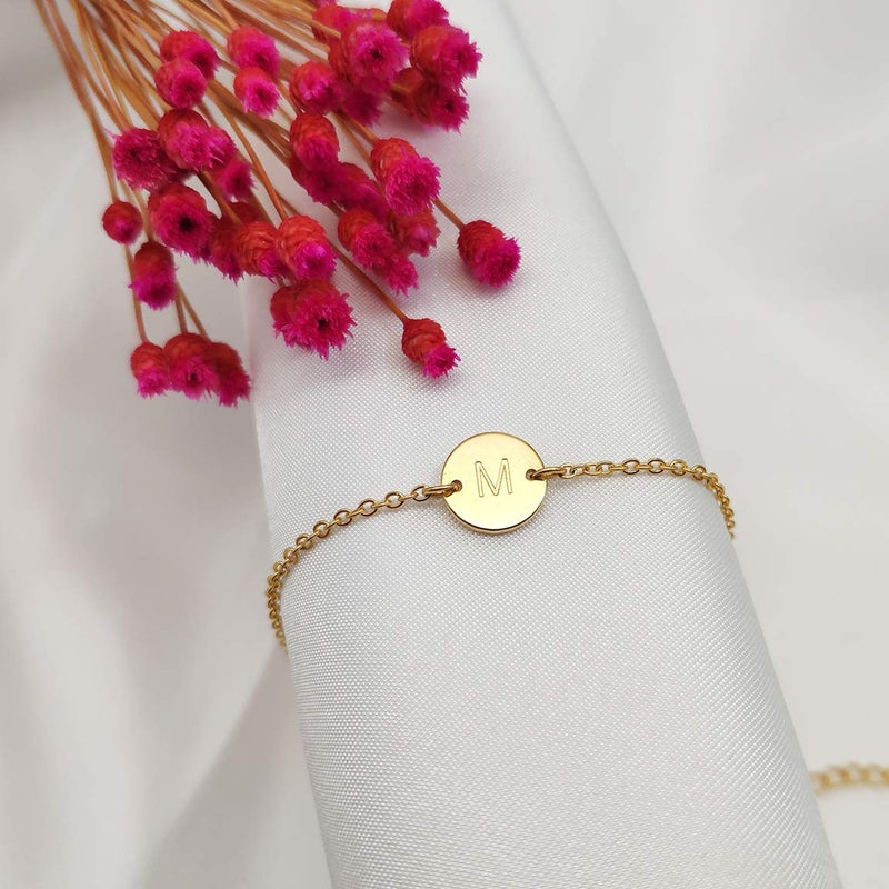 Glimmerst Personalized Initial Bracelet, 18K Gold Plated Stainless Steel Letter M Bracelet Dainty Coin Charm Bracelet Delicate Disc Name Bracelet for Women - Image 3